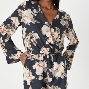 Lulus Prairie Daydream Washed Navy Blue Floral Print Romper - Size S